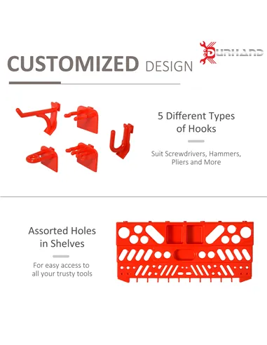 DURHAND 54 Pcs On-Wall Tool Equipment Holding Pegboard Home DIY Garage Organiser DIY w/ 50 Pegs 2 Shelves