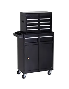 DURHAND Tool Chest 2 in 1 Metal Tool Cabinet Storage Box with 5 Drawers Pegboard Wheels 60x28x104.5cm Black