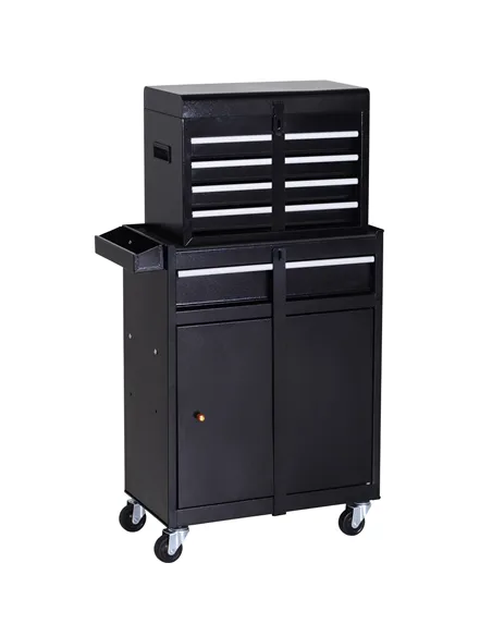 DURHAND Tool Chest 2 in 1 Metal Tool Cabinet Storage Box with 5 Drawers Pegboard Wheels 60x28x104.5cm Black