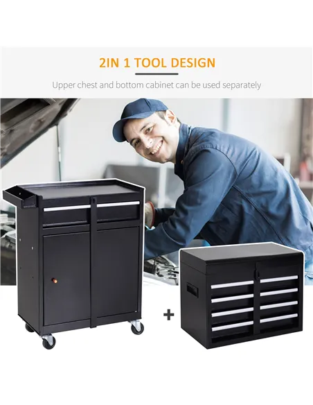 DURHAND Tool Chest 2 in 1 Metal Tool Cabinet Storage Box with 5 Drawers Pegboard Wheels 60x28x104.5cm Black