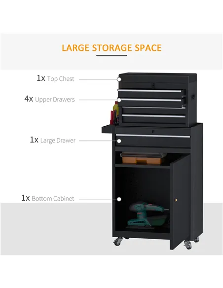 DURHAND Tool Chest 2 in 1 Metal Tool Cabinet Storage Box with 5 Drawers Pegboard Wheels 60x28x104.5cm Black