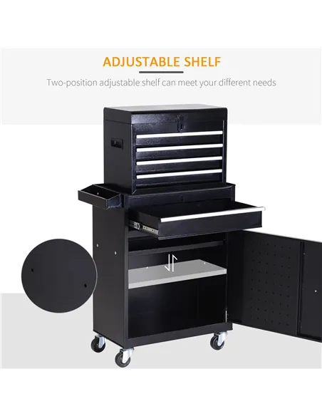 DURHAND Tool Chest 2 in 1 Metal Tool Cabinet Storage Box with 5 Drawers Pegboard Wheels 60x28x104.5cm Black