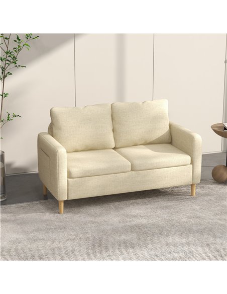 HOMCOM Two Seater Sofa for Living Room, Modern Fabric Couch with Wood Legs and 2 Pockets for Bedroom and Home Office, Beige