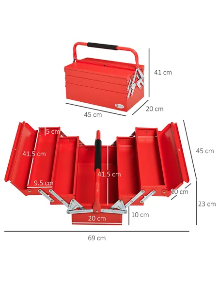 DURHAND Metal Tool Box 3 Tier 5 Tray Professional Portable Storage Cabinet Workshop Cantilever Toolbox with Carry Handle, 45cmx2