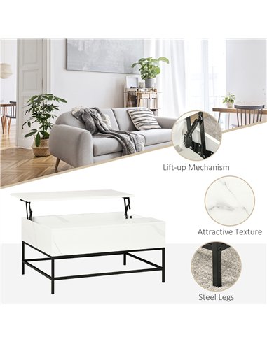 HOMCOM Modern Lifting Coffee Table with Hidden Compartment, Storage Coffee Table for Living Room, Faux Marble White