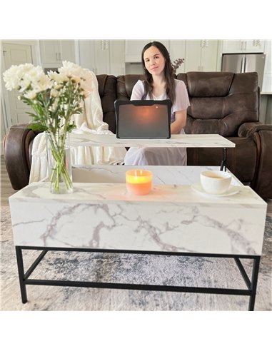HOMCOM Modern Lifting Coffee Table with Hidden Compartment, Storage Coffee Table for Living Room, Faux Marble White
