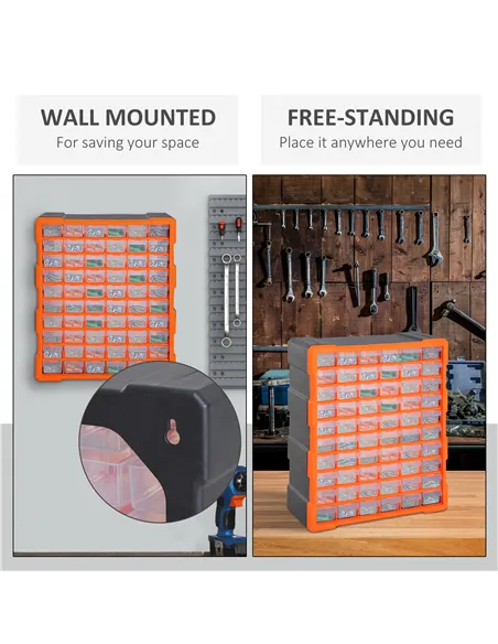 DURHAND 60 Drawers Parts Organiser Wall Mount Storage Cabinet Garage Small Nuts Bolts Tools Clear Orange