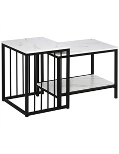 HOMCOM Modern Coffee Table Set of Two, Marble-Effect Nesting Side Tables with Steel Frame for Living Room, White, Black