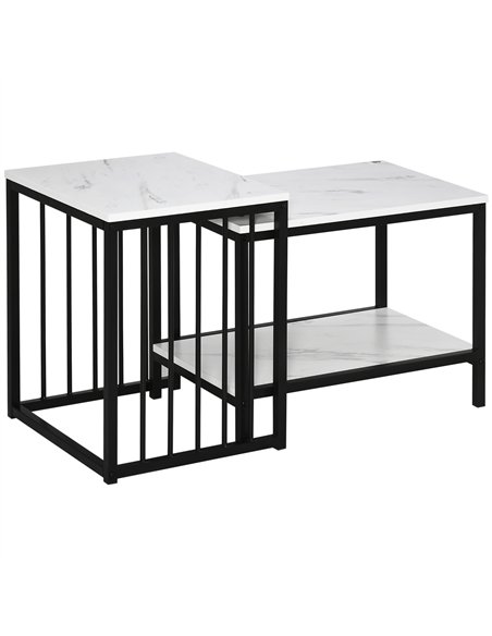 HOMCOM Modern Coffee Table Set of Two, Marble-Effect Nesting Side Tables with Steel Frame for Living Room, White, Black