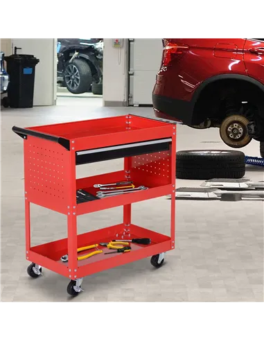 DURHAND 3-Tier Tool Trolley Cart Storage Shelf Roller Cabinet DIY Box Garage Workshop with Drawer Red
