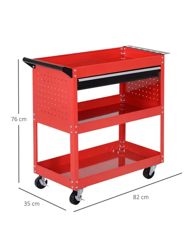 DURHAND 3-Tier Tool Trolley Cart Storage Shelf Roller Cabinet DIY Box Garage Workshop with Drawer Red