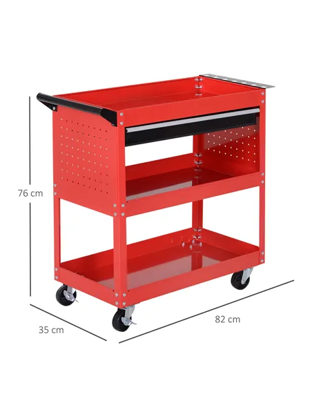 DURHAND 3-Tier Tool Trolley Cart Storage Shelf Roller Cabinet DIY Box Garage Workshop with Drawer Red