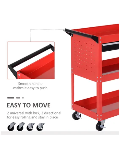DURHAND 3-Tier Tool Trolley Cart Storage Shelf Roller Cabinet DIY Box Garage Workshop with Drawer Red