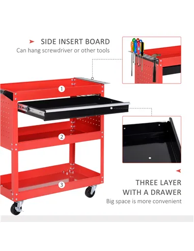 DURHAND 3-Tier Tool Trolley Cart Storage Shelf Roller Cabinet DIY Box Garage Workshop with Drawer Red