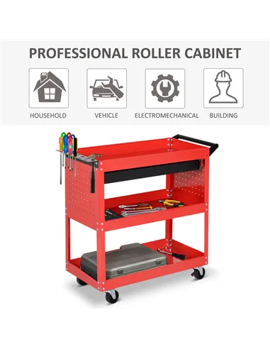 DURHAND 3-Tier Tool Trolley Cart Storage Shelf Roller Cabinet DIY Box Garage Workshop with Drawer Red