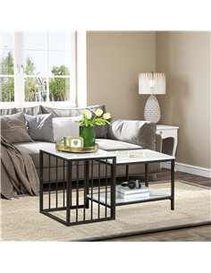 HOMCOM Modern Coffee Table Set of Two, Marble-Effect Nesting Side Tables with Steel Frame for Living Room, White, Black 2
