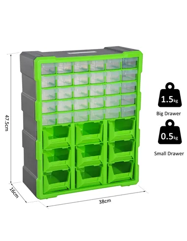 DURHAND Plastic 39 Drawer Parts Organiser Wall Mount Storage Cabinet Garage Small Nuts Bolts Tool Clear