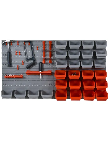 DURHAND 44 Piece Wall Mounted Tool Rack Organiser Storage Bins and Panel Set with Shelf Hook Screws Accessories Red