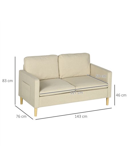 HOMCOM Two Seater Sofa for Living Room, Modern Fabric Couch with Wood Legs and 2 Pockets for Bedroom and Home Office, Beige