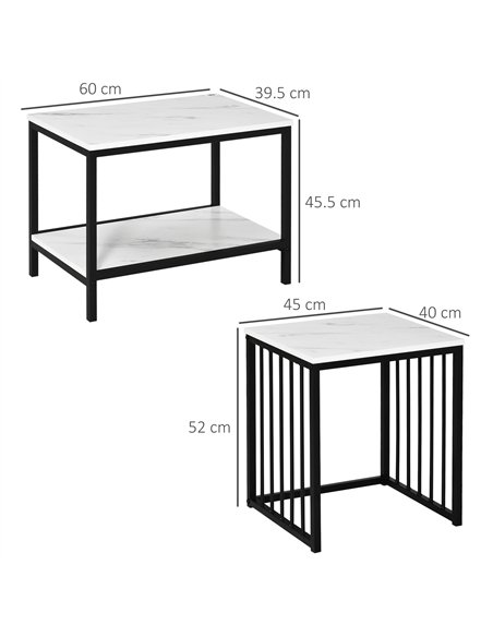 HOMCOM Modern Coffee Table Set of Two, Marble-Effect Nesting Side Tables with Steel Frame for Living Room, White, Black