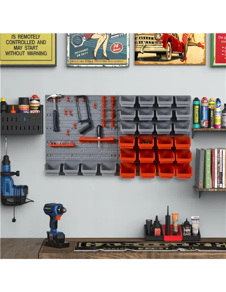 DURHAND 44 Piece Wall Mounted Tool Rack Organiser Storage Bins and Panel Set with Shelf Hook Screws Accessories Red