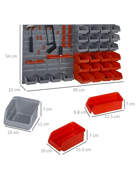DURHAND 44 Piece Wall Mounted Tool Rack Organiser Storage Bins and Panel Set with Shelf Hook Screws Accessories Red