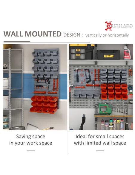 DURHAND 44 Piece Wall Mounted Tool Rack Organiser Storage Bins and Panel Set with Shelf Hook Screws Accessories Red