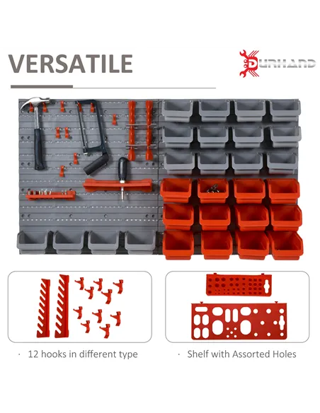 DURHAND 44 Piece Wall Mounted Tool Rack Organiser Storage Bins and Panel Set with Shelf Hook Screws Accessories Red