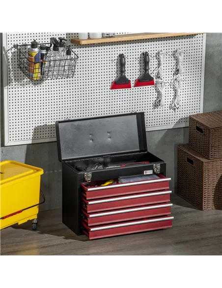 DURHAND 4 Drawer Tool Chest, Lockable Metal Tool Box with Ball Bearing Runners, Portable Toolbox, 510mm x 220mm x 395mm, Black