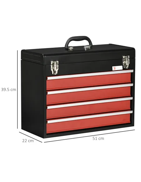 DURHAND 4 Drawer Tool Chest, Lockable Metal Tool Box with Ball Bearing Runners, Portable Toolbox, 510mm x 220mm x 395mm, Black