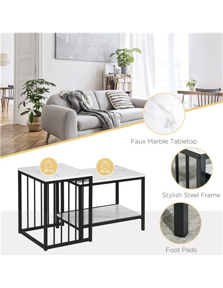 HOMCOM Modern Coffee Table Set of Two, Marble-Effect Nesting Side Tables with Steel Frame for Living Room, White, Black