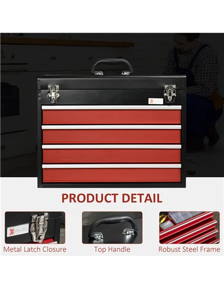 DURHAND 4 Drawer Tool Chest, Lockable Metal Tool Box with Ball Bearing Runners, Portable Toolbox, 510mm x 220mm x 395mm, Black