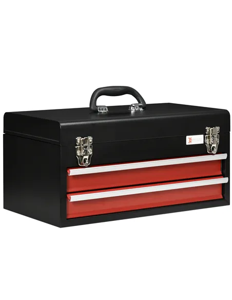 DURHAND 2 Drawer Tool Chest, Lockable Metal Tool Box with Ball Bearing Runners, Portable Toolbox, 460mm x 240mm x 220mm, Black
