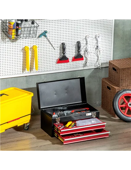 DURHAND 2 Drawer Tool Chest, Lockable Metal Tool Box with Ball Bearing Runners, Portable Toolbox, 460mm x 240mm x 220mm, Black