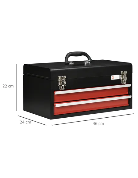 DURHAND 2 Drawer Tool Chest, Lockable Metal Tool Box with Ball Bearing Runners, Portable Toolbox, 460mm x 240mm x 220mm, Black