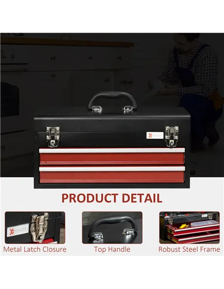 DURHAND 2 Drawer Tool Chest, Lockable Metal Tool Box with Ball Bearing Runners, Portable Toolbox, 460mm x 240mm x 220mm, Black