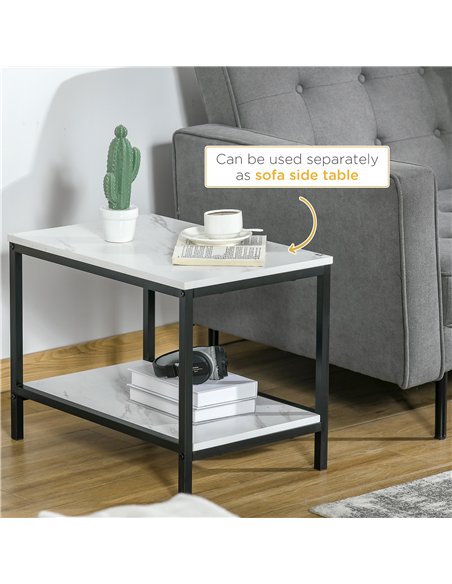 HOMCOM Modern Coffee Table Set of Two, Marble-Effect Nesting Side Tables with Steel Frame for Living Room, White, Black