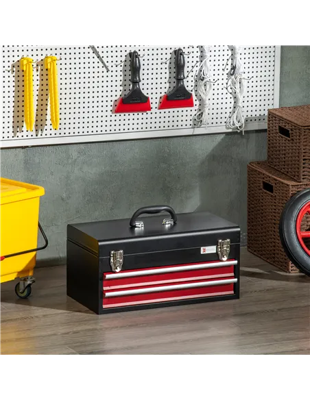 DURHAND 2 Drawer Tool Chest, Lockable Metal Tool Box with Ball Bearing Runners, Portable Toolbox, 460mm x 240mm x 220mm, Black