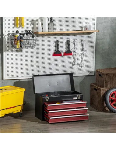 DURHAND 3 Drawer Tool Chest, Lockable Metal Tool Box with Ball Bearing Runners, Portable Toolbox, 510mm x 220mm x 320mm, Black