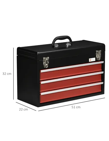 DURHAND 3 Drawer Tool Chest, Lockable Metal Tool Box with Ball Bearing Runners, Portable Toolbox, 510mm x 220mm x 320mm, Black