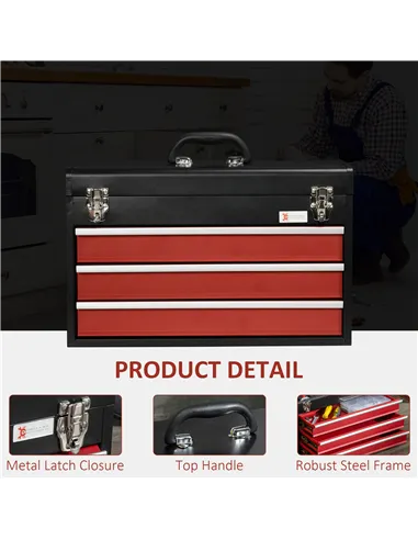 DURHAND 3 Drawer Tool Chest, Lockable Metal Tool Box with Ball Bearing Runners, Portable Toolbox, 510mm x 220mm x 320mm, Black