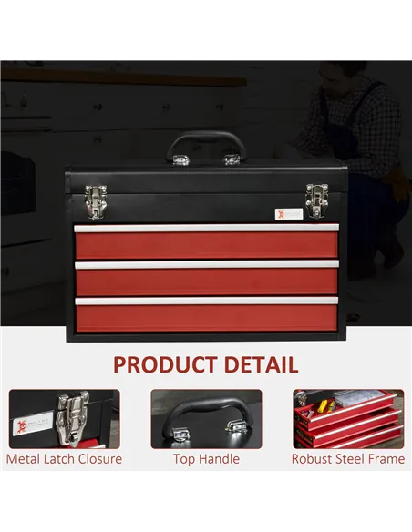 DURHAND 3 Drawer Tool Chest, Lockable Metal Tool Box with Ball Bearing Runners, Portable Toolbox, 510mm x 220mm x 320mm, Black