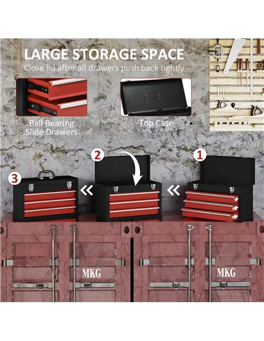 DURHAND 3 Drawer Tool Chest, Lockable Metal Tool Box with Ball Bearing Runners, Portable Toolbox, 510mm x 220mm x 320mm, Black