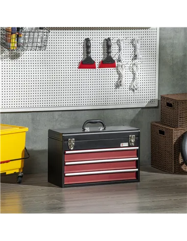 DURHAND 3 Drawer Tool Chest, Lockable Metal Tool Box with Ball Bearing Runners, Portable Toolbox, 510mm x 220mm x 320mm, Black