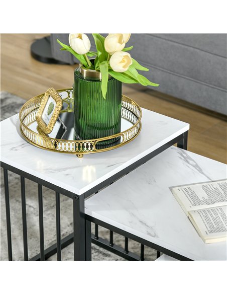 HOMCOM Modern Coffee Table Set of Two, Marble-Effect Nesting Side Tables with Steel Frame for Living Room, White, Black