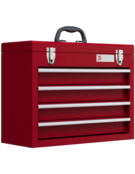 DURHAND Lockable Metal Tool Box, 4 Drawer Tool Chest with Latches, Handle, Ball Bearing Runners, Red