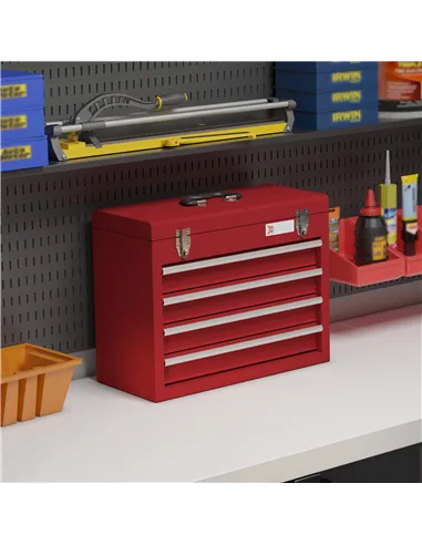DURHAND Lockable Metal Tool Box, 4 Drawer Tool Chest with Latches, Handle, Ball Bearing Runners, Red
