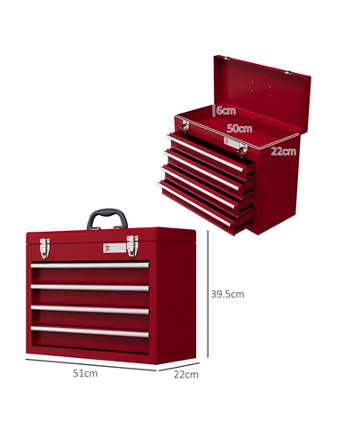 DURHAND Lockable Metal Tool Box, 4 Drawer Tool Chest with Latches, Handle, Ball Bearing Runners, Red