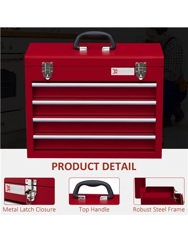DURHAND Lockable Metal Tool Box, 4 Drawer Tool Chest with Latches, Handle, Ball Bearing Runners, Red