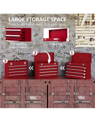 DURHAND Lockable Metal Tool Box, 4 Drawer Tool Chest with Latches, Handle, Ball Bearing Runners, Red